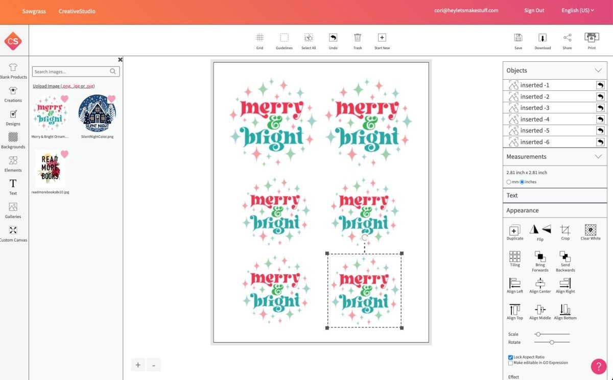 Screenshot of Sawgrass Creative Studio: Merry & Bright ornament image on duplicated canvas