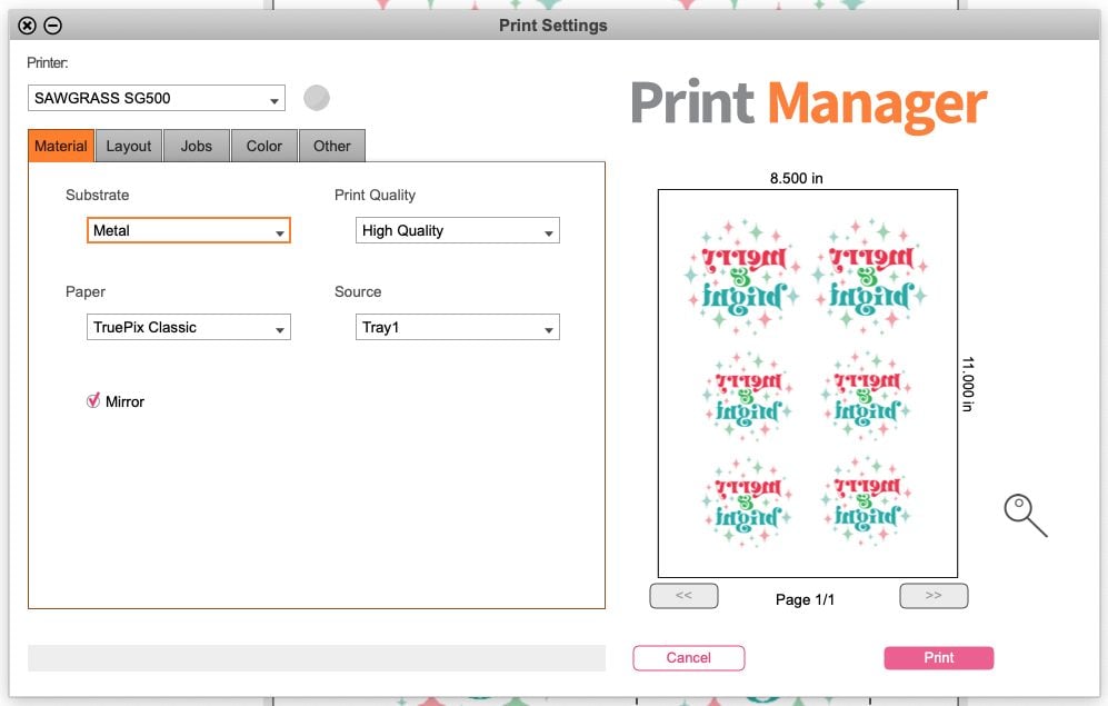 Screenshot of Sawgrass Print Manager showing options for printing