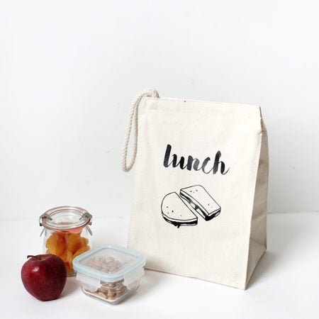 Lunch bag with the word lunch on it and an image of a sandwich