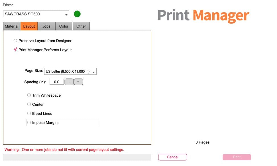 Sawgrass Print Manager: Layout Tab