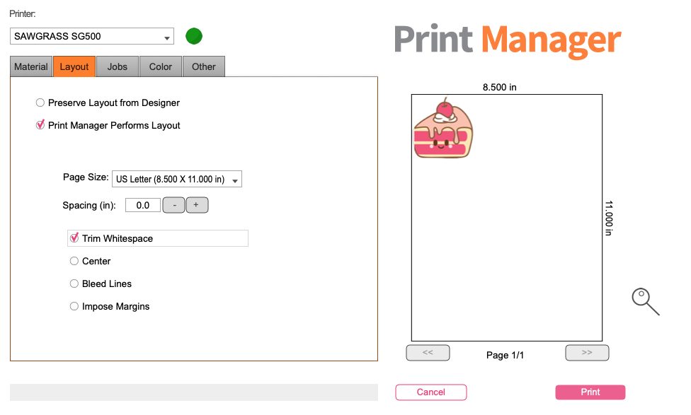 Sawgrass Print Manager: Layout Tab