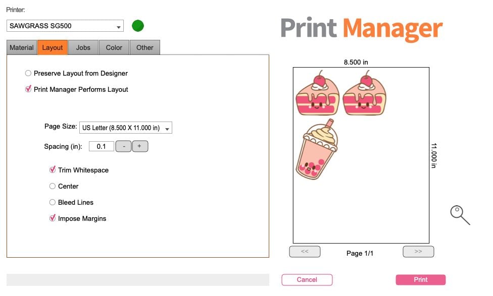 Sawgrass Print Manager: Layout Tab