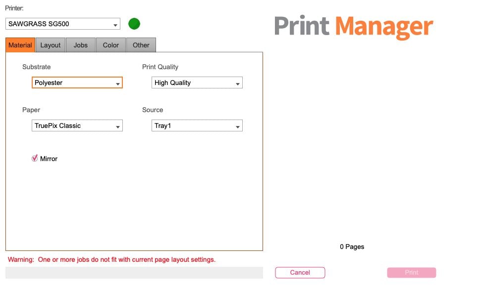 Sawgrass Print Manager: Materials Tab