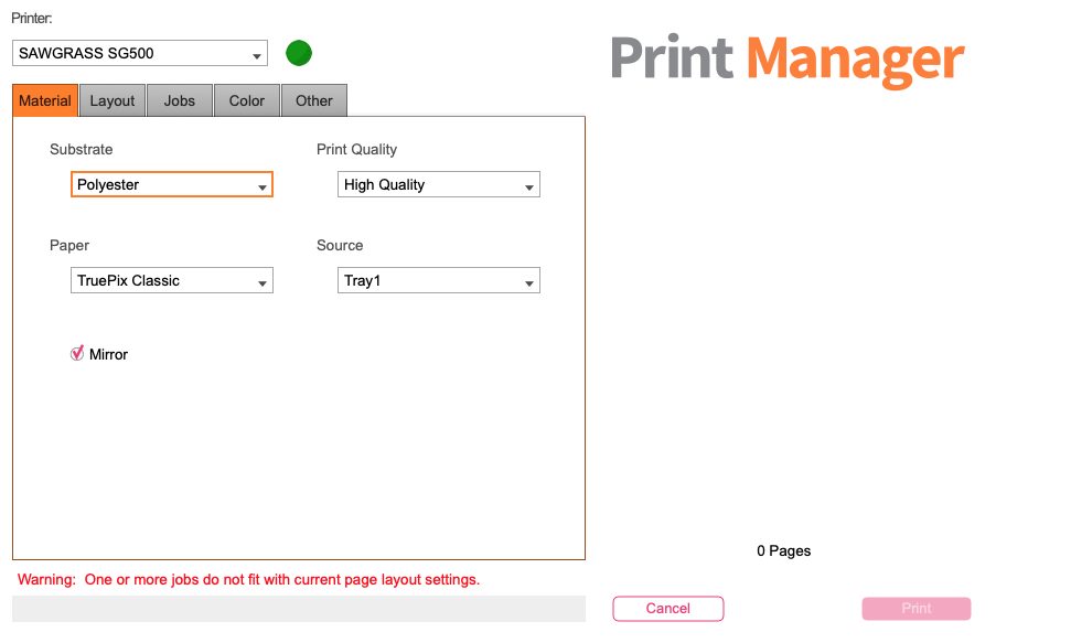 Sawgrass Print Manager: Materials Tab