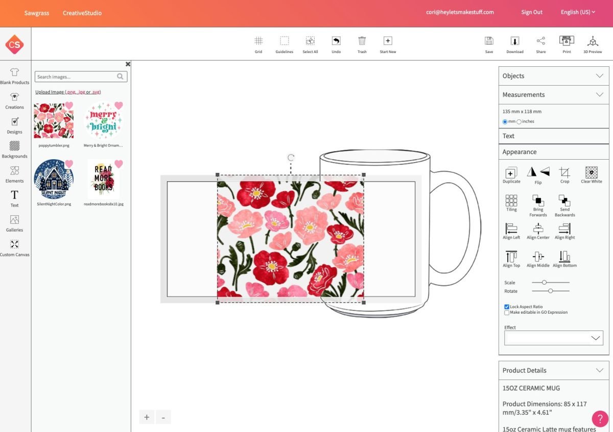 Screenshot of Mug on canvas with design that doesn't fit