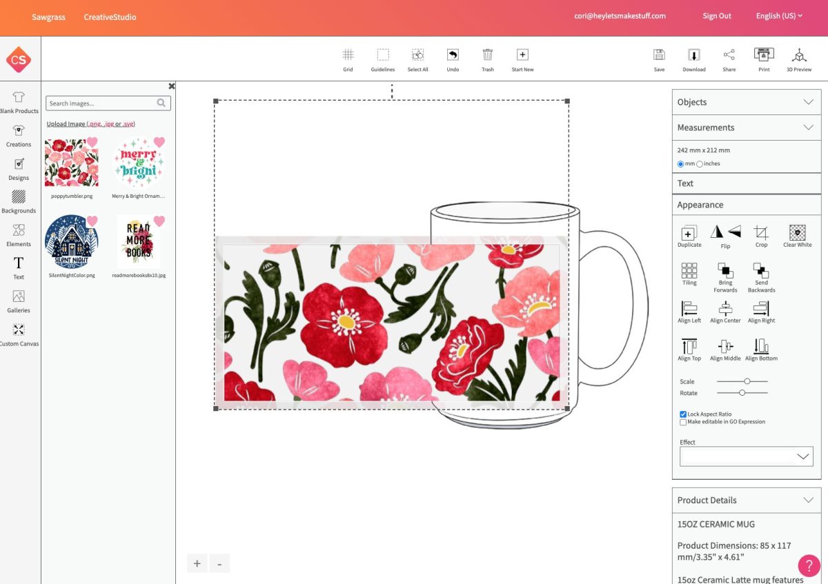 Screenshot of Mug on canvas with design