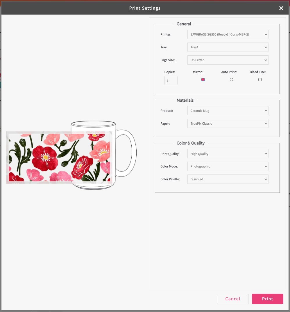 Creative Studio print settings for mug