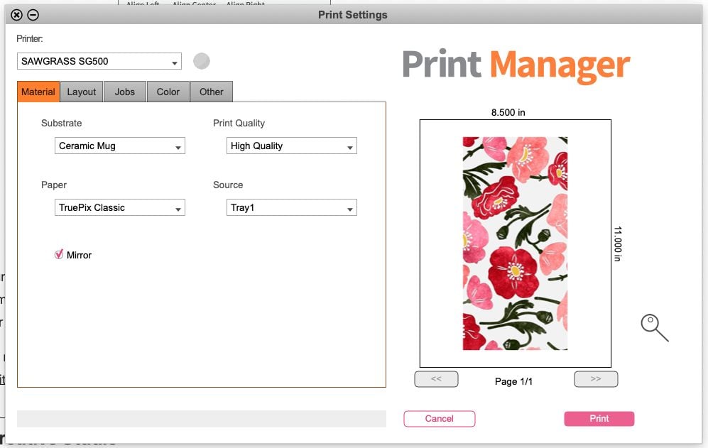 Print Manager print settings for mug