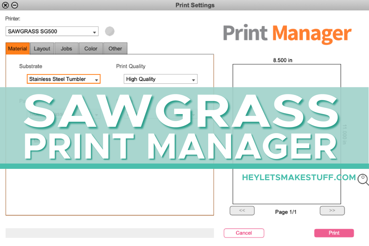 Screenshot of Sawgrass Print Manager with a teal banner that says "Sawgrass Print Manager."