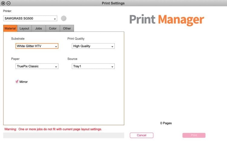 Screenshot: Print Manager Material Screen