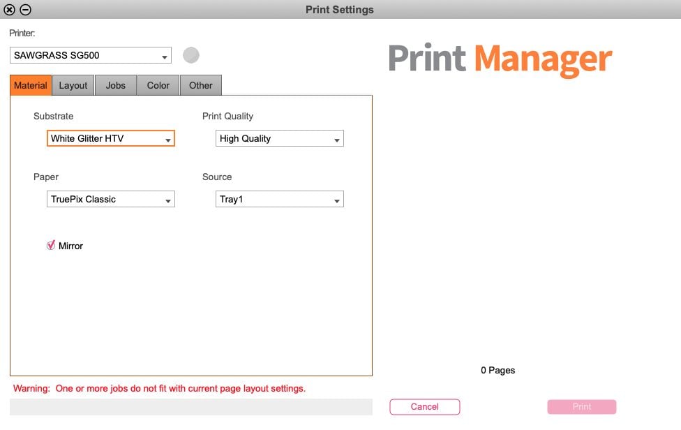 Screenshot: Print Manager Material Screen