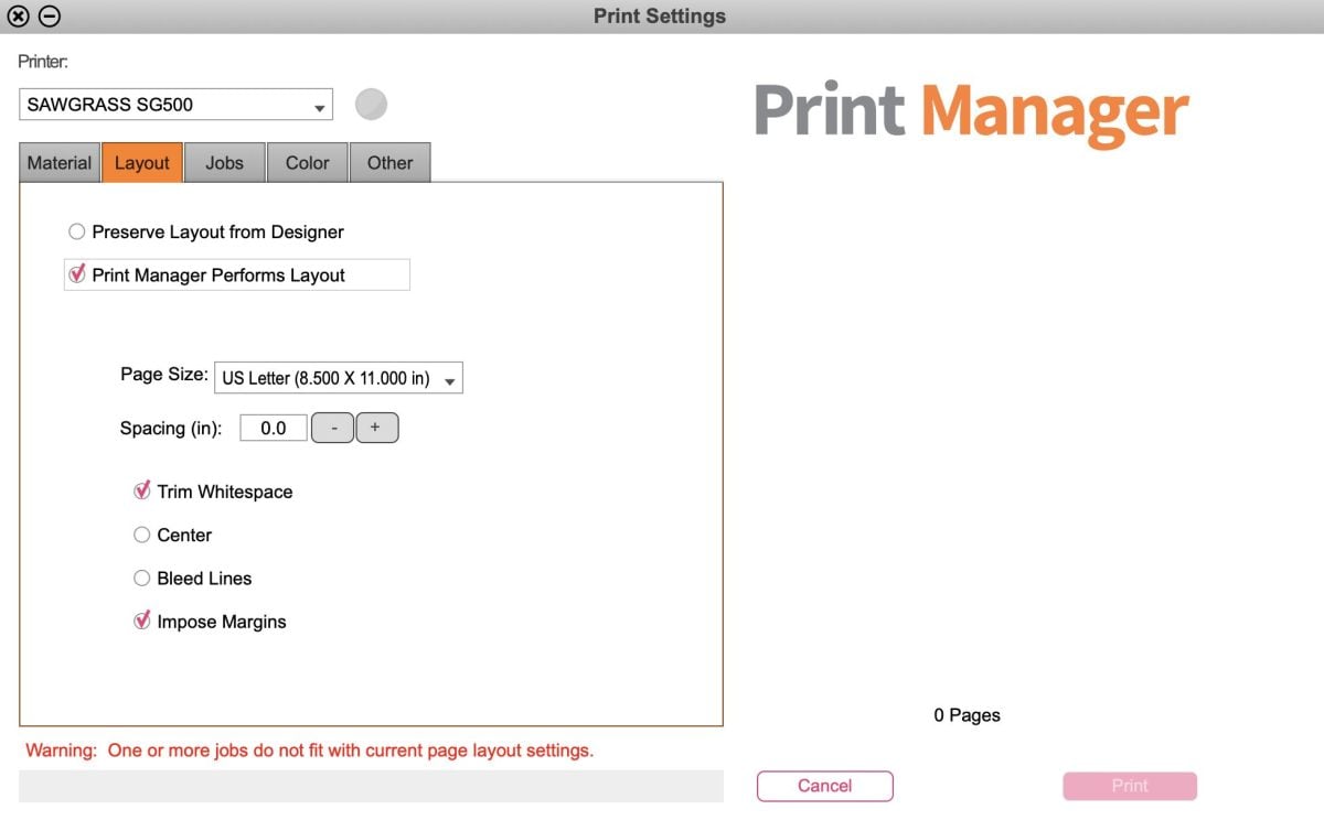 Print Manager Layout Screen