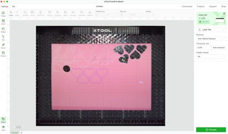 Screenshot of xTool Software showing hearts on light pink acrylic