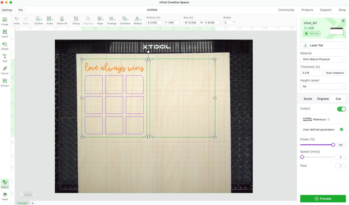 Screenshot of xTool Software showing frame cut settings