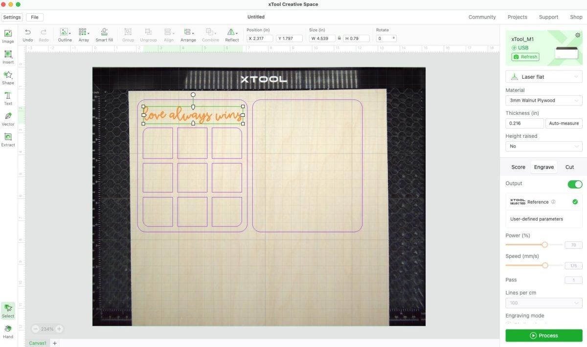 Screenshot of xTool Software showing frame engrave settings