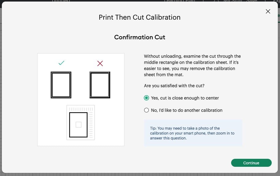 Cricut Design Space: Print then Cut Fine Calibration confirmation cut