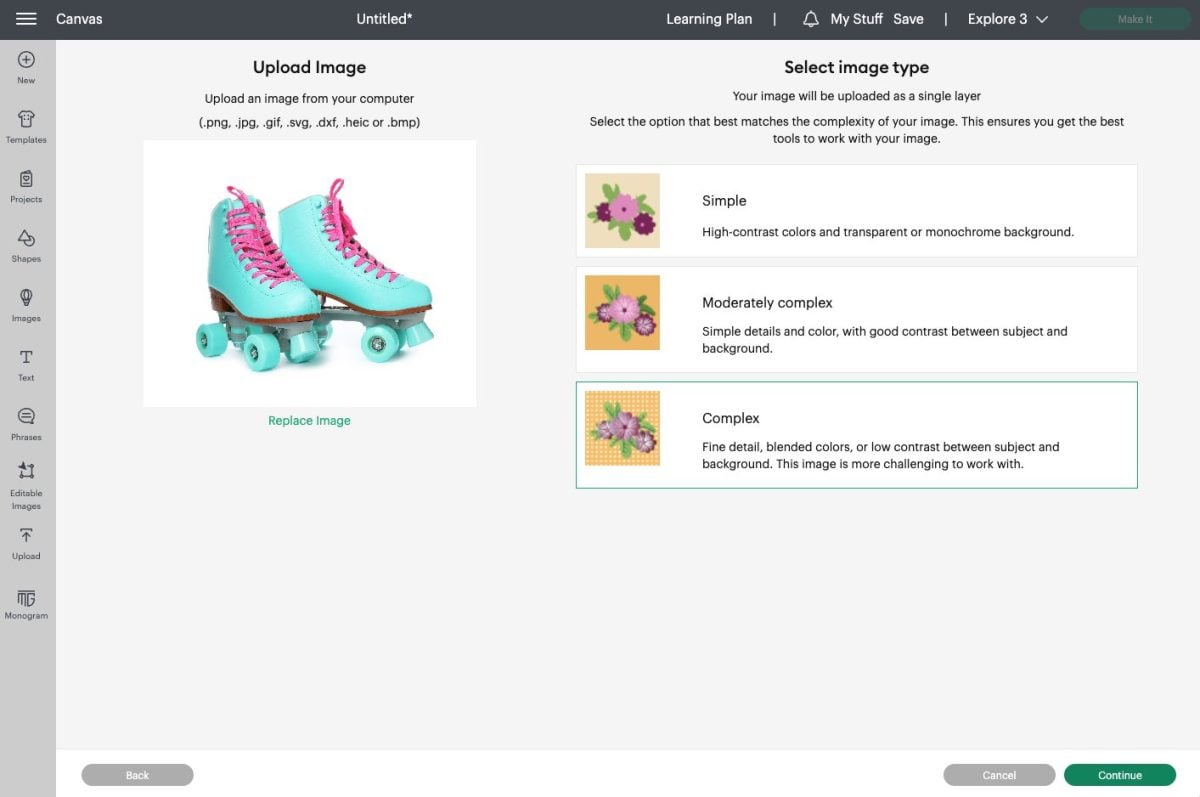 Cricut Design Space: Upload screen with roller skates photo