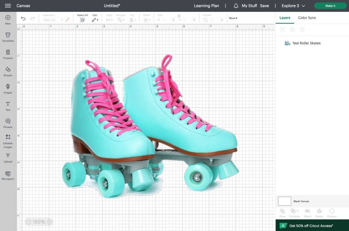 Cricut Design Space: Roller skates photo on the canvas.