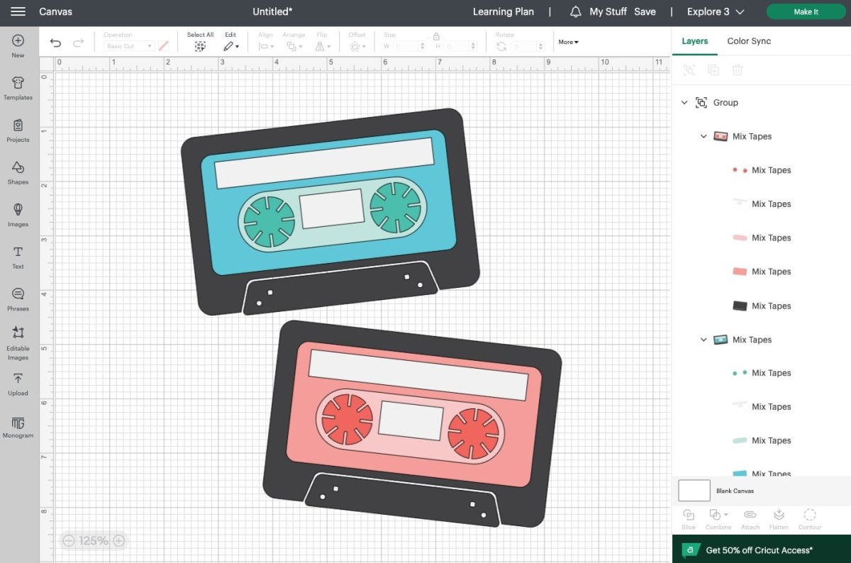 Cricut Design Space: Mix tape SVG on Canvas