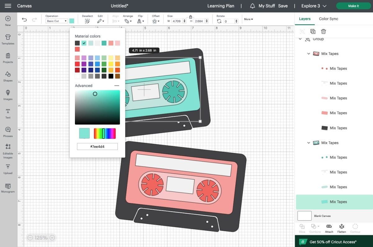 Cricut Design Space: Changing the colors on the Mix tape SVG