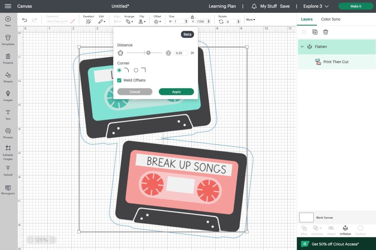 Cricut Design Space: Adding an offset to the Mix tape SVG