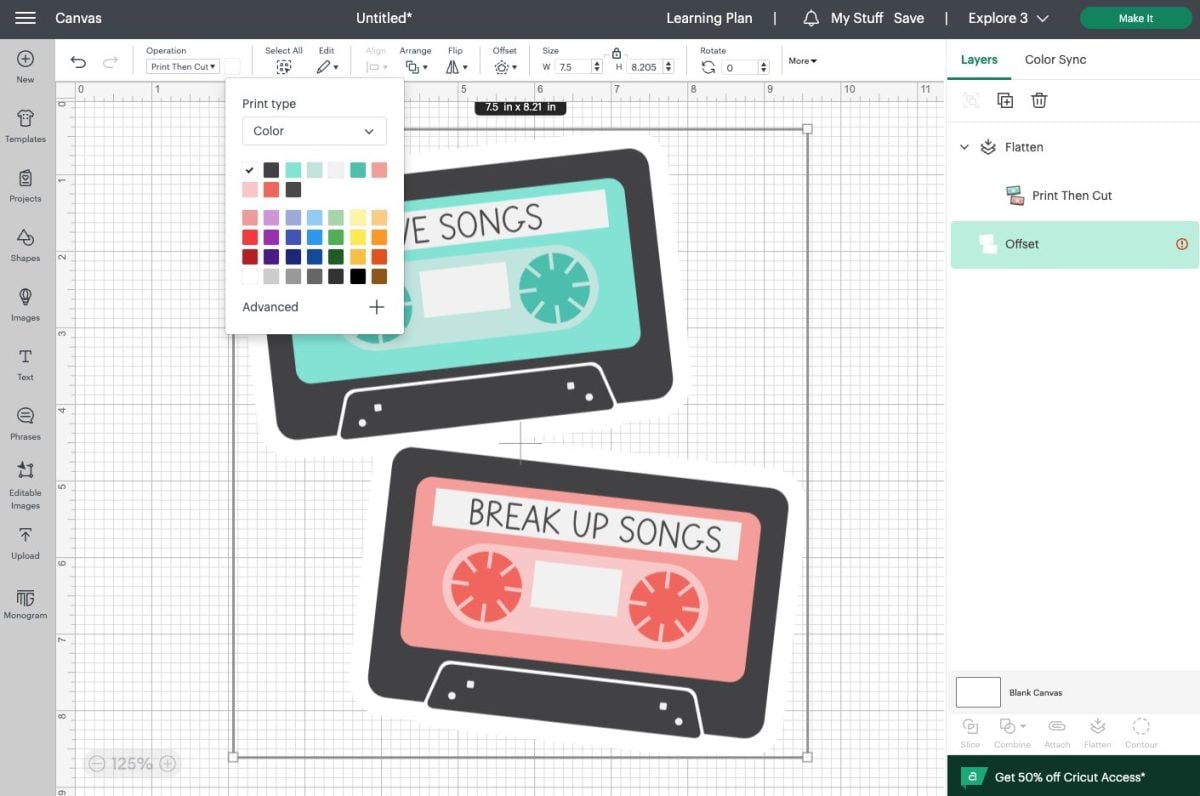 Cricut Design Space: Changing the color of the Mix tape SVG offset