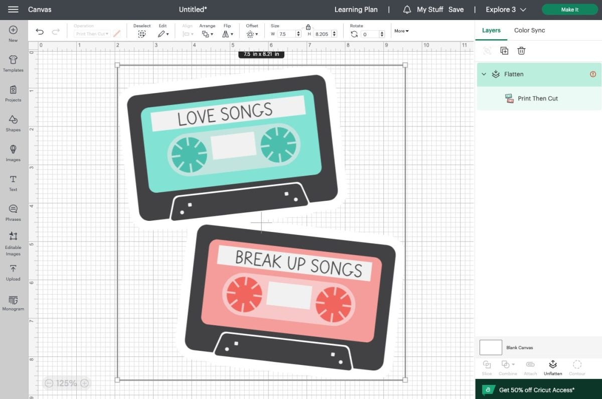 Cricut Design Space: Flattening the Mix tape SVG to the background