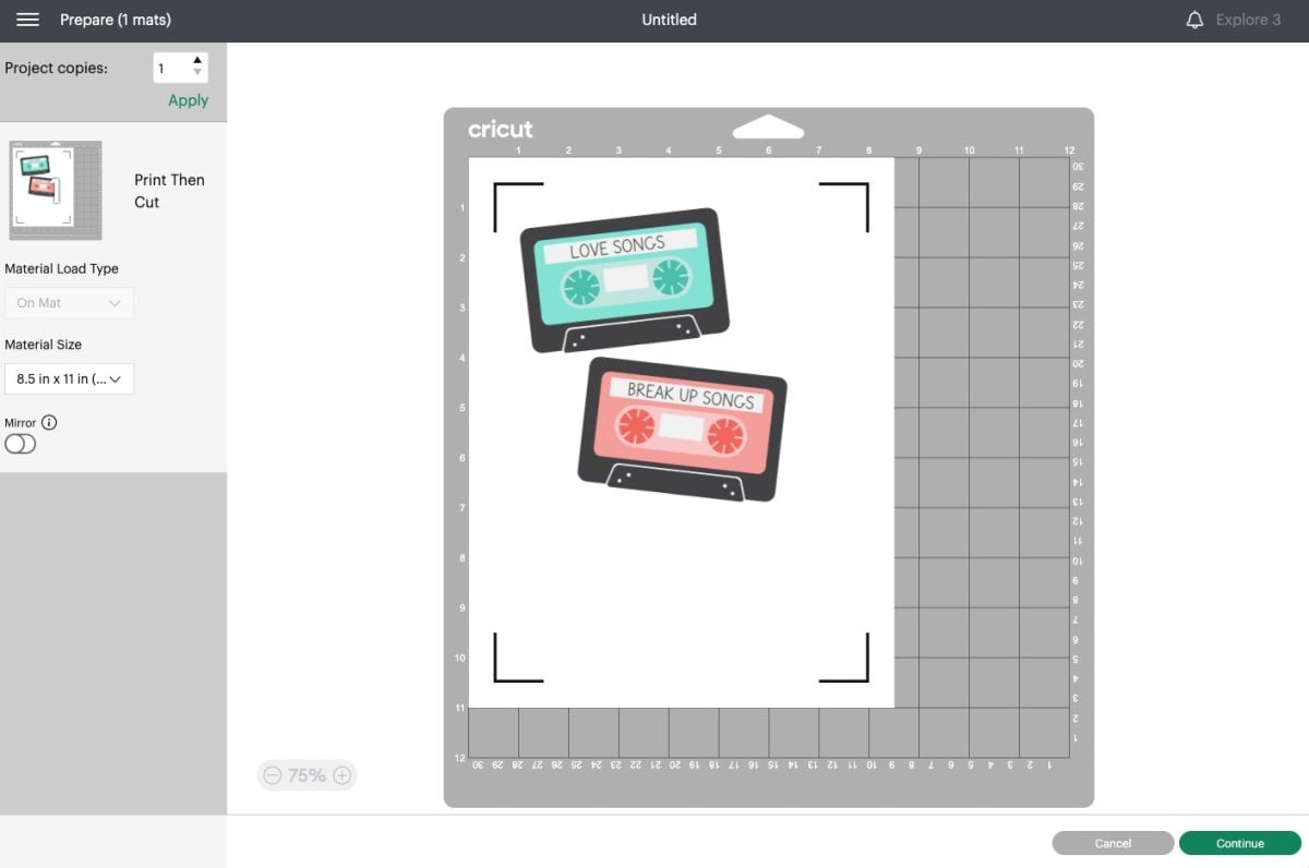 Cricut Design Space: the Mix tape SVG on the prepare screen