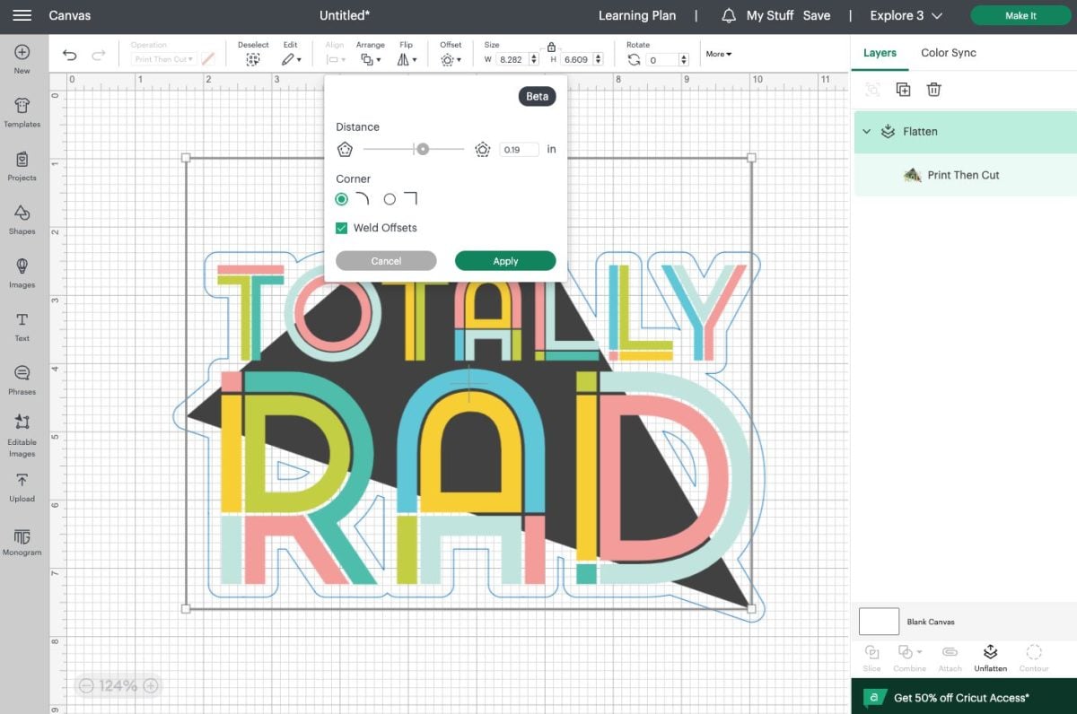 Cricut Design Space: Adding an offset to the Totally Rad SVG