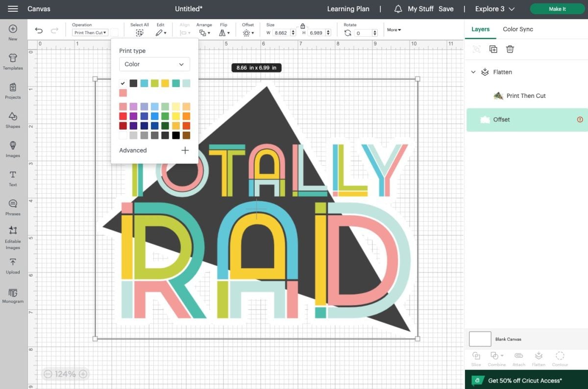 Cricut Design Space: Changing the color of the Totally Rad SVG offset
