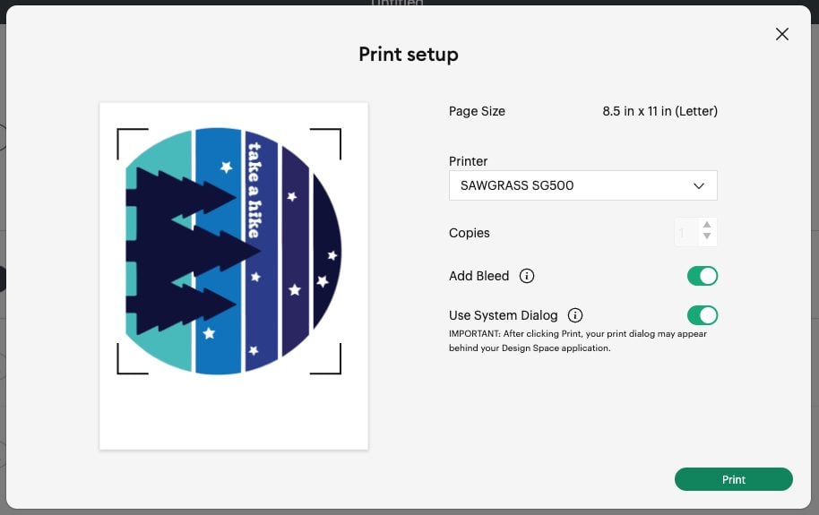 Cricut Design Space: Print set up menu with "use system dialog box" checked.