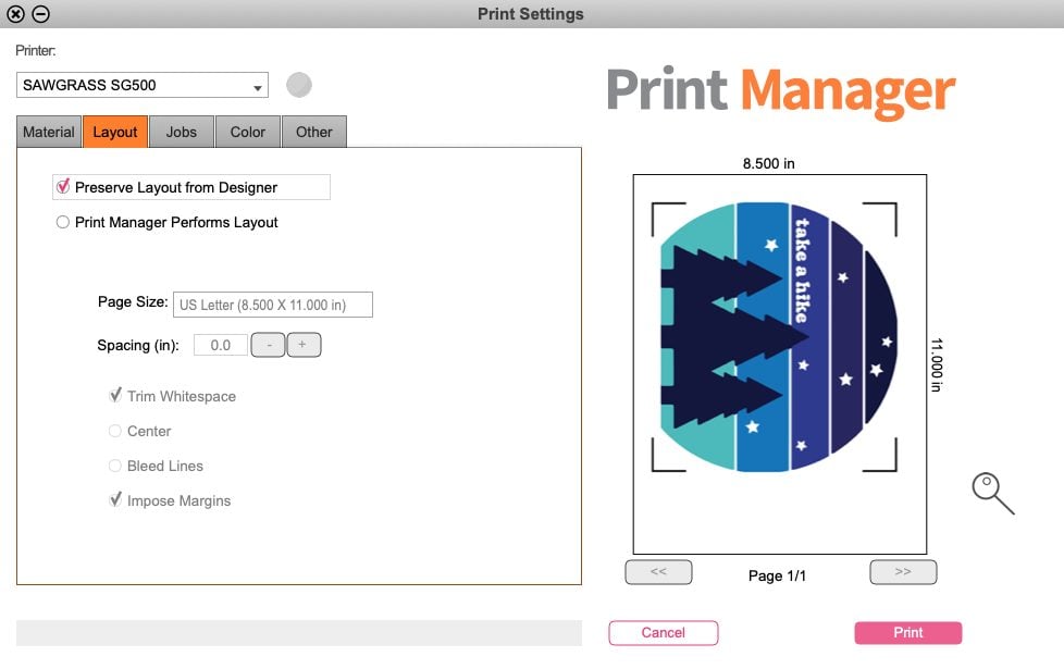 Sawgrass Print Manger: Layout Settings