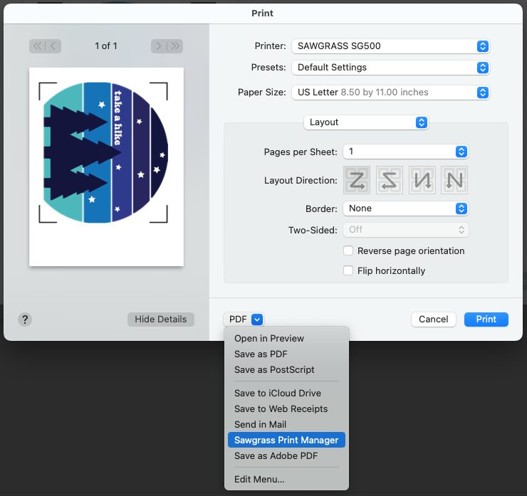 Print Dialog Box showing how to select Sawgrass Print Manager.