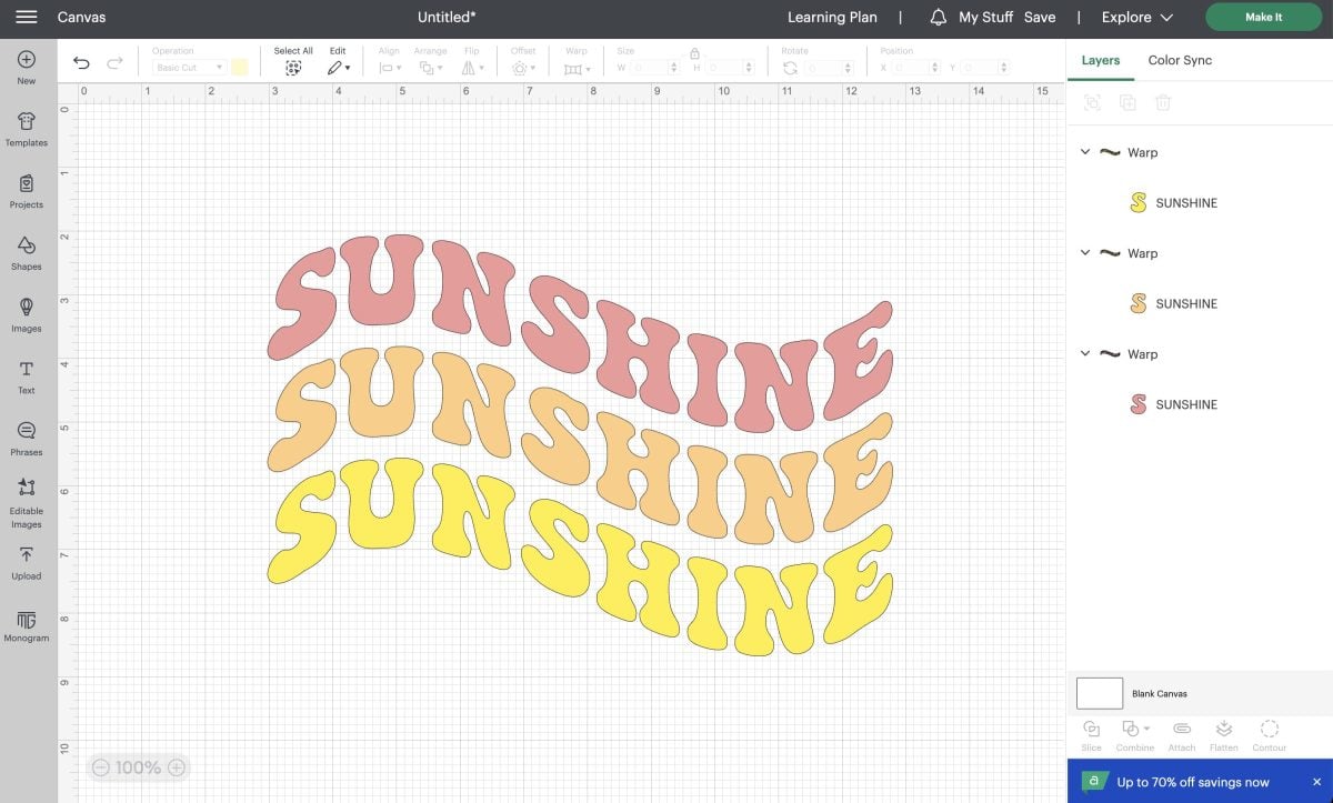 SUNSHINE three times in wave pattern in separate text boxes colored with pink, orange, and yellow.