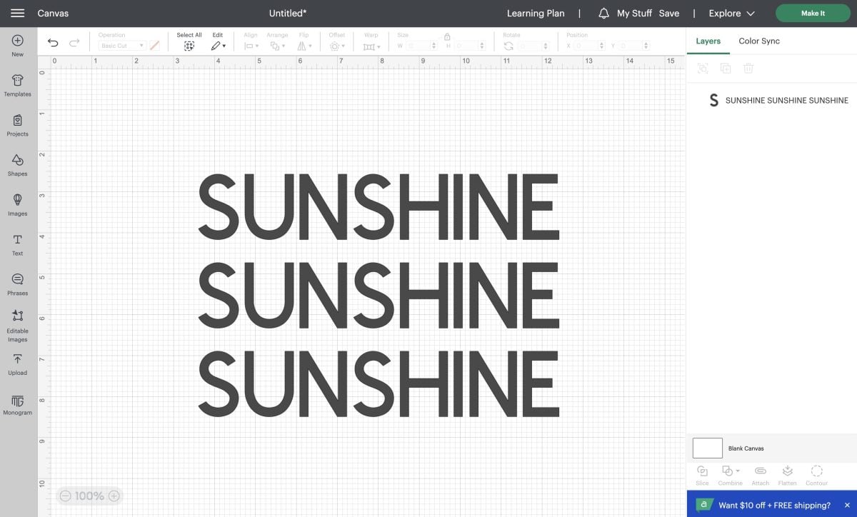 "SUNSHINE" typed three times in a single text box on Cricut Design Space Canvas 