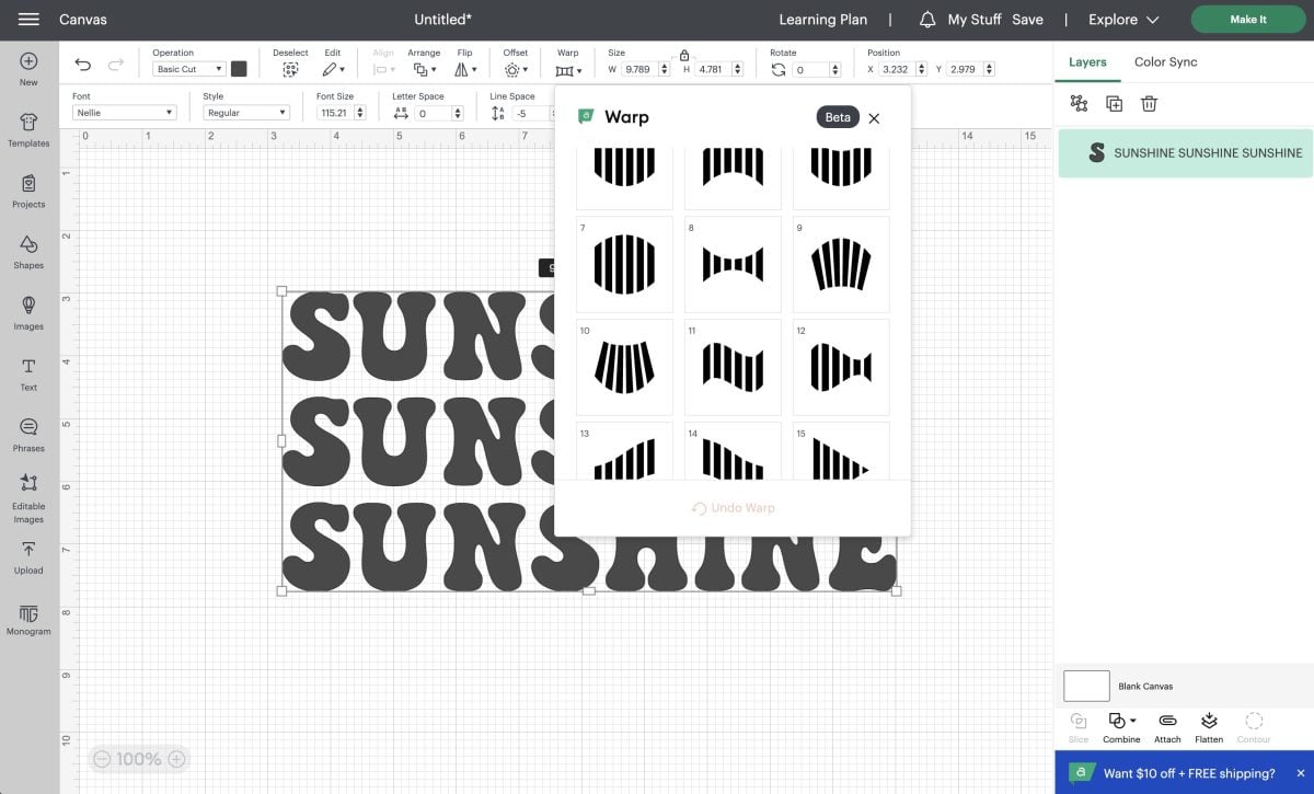 SUNSHINE with smaller line spacing and the Warp Tool activated.