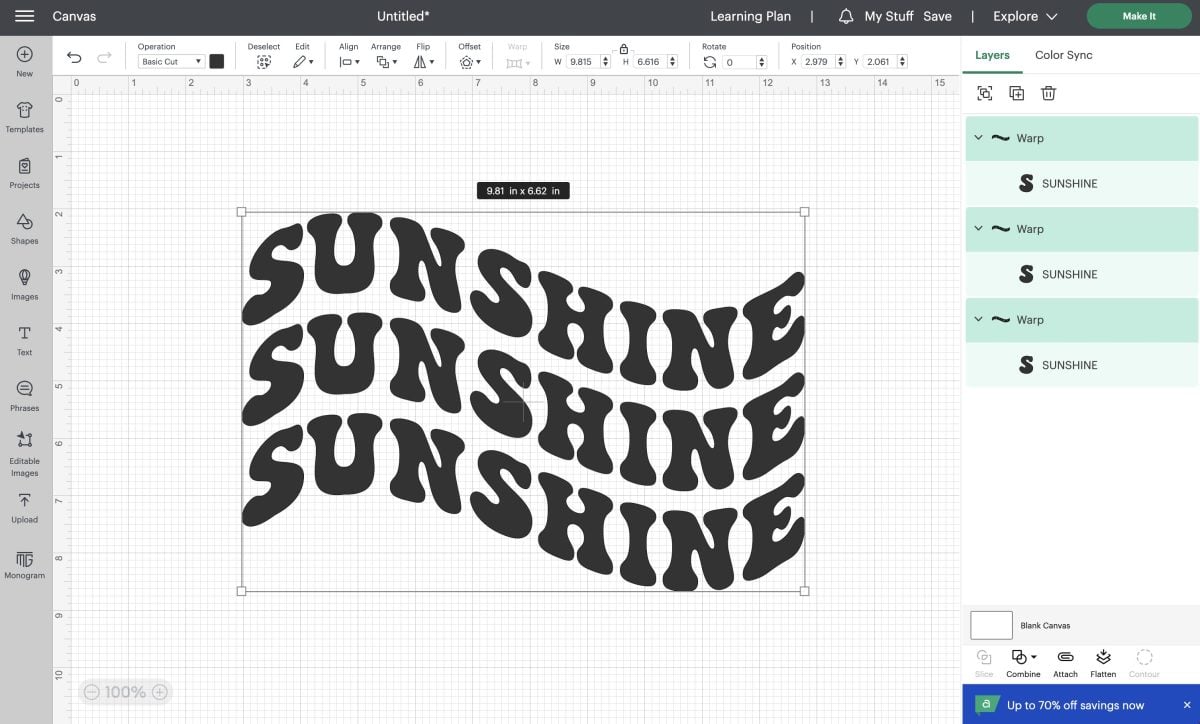SUNSHINE three times in wave pattern in separate text boxes.