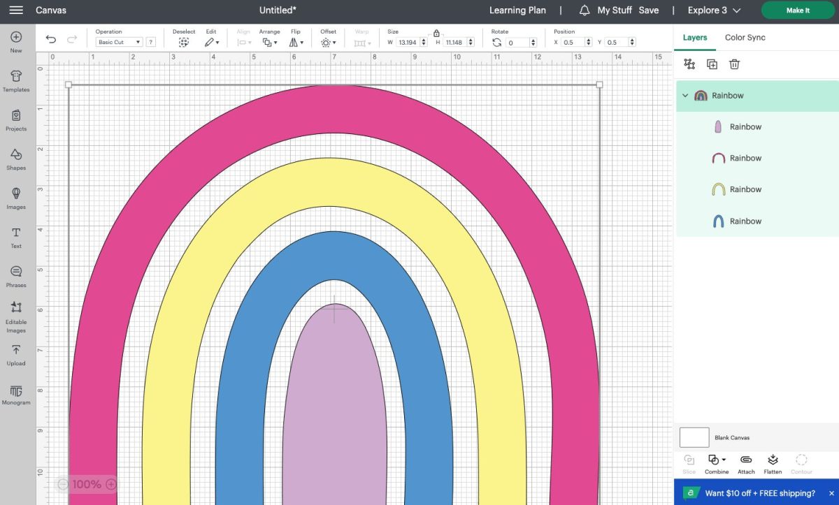 Cricut Design Space - Rainbow file on canvas