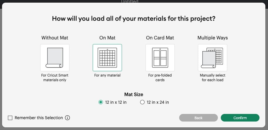 Cricut Design Space - Mat load screen with On Mat selected.
