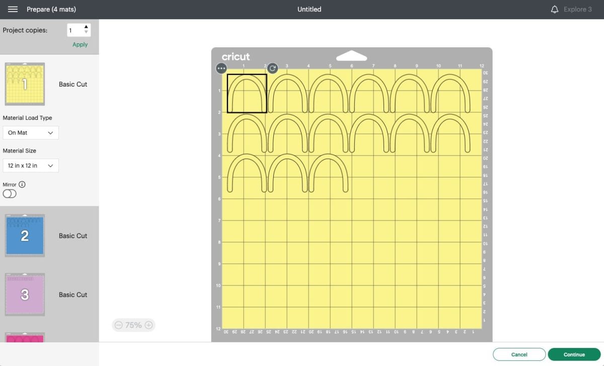 Cricut Design Space - Prepare screen showing yellow mat with yellow arch pieces