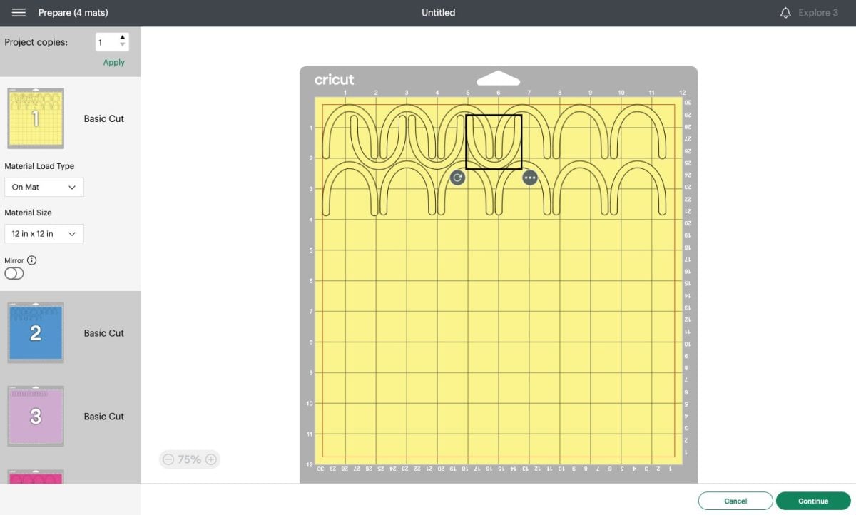 Cricut Design Space - Prepare screen showing yellow mat with yellow arch pieces re-arranged to fit more snugly on the mat.
