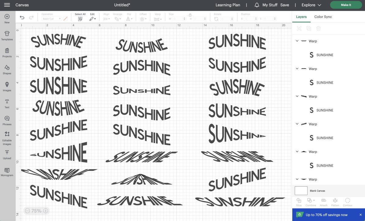 Cricut Warp Tool with "SUNSHINE" written 24 times with 24 different warps.