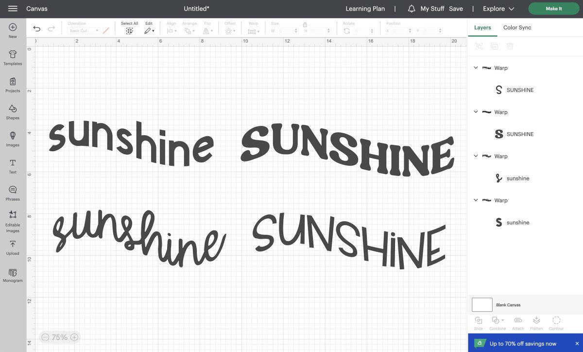 Cricut Warp Tool with "SUNSHINE" written 4 times with 4 different fonts and warps