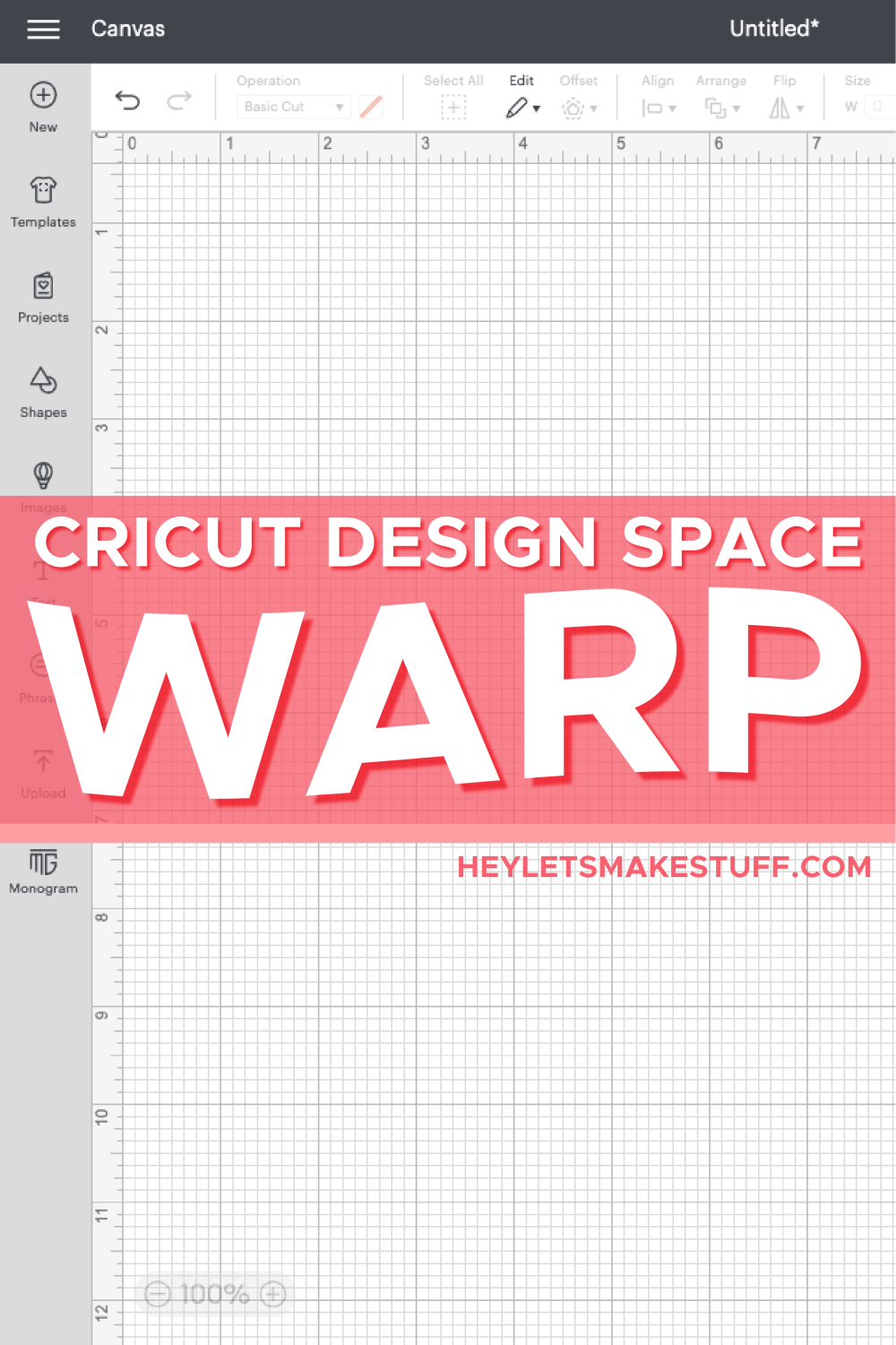 Cricut Design Space Warp on pink background overlaid on Design Space Canvas