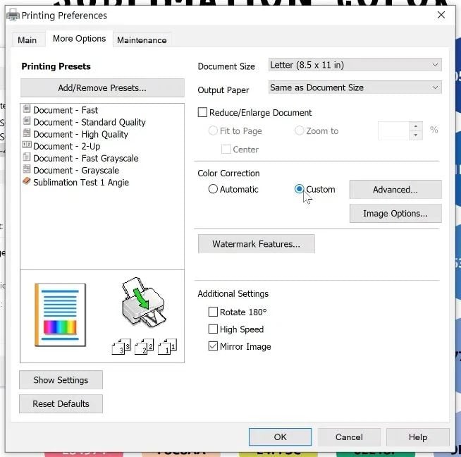 Screenshot of the Printing Preferences window