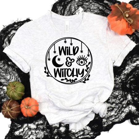 White t-shirt with a Wild and Witchy design on it
