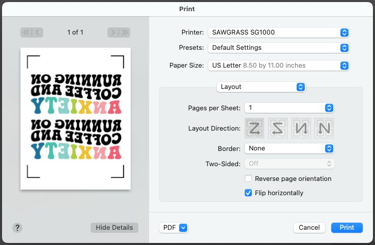 Screenshot: Print dialog box showing "flip horizontally" checked.