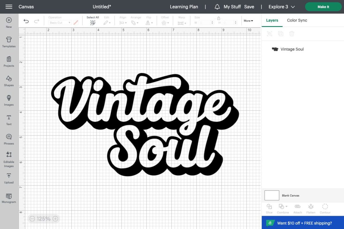 Vintage Soul SVG on Cricut Canvas, resized to fit shirt