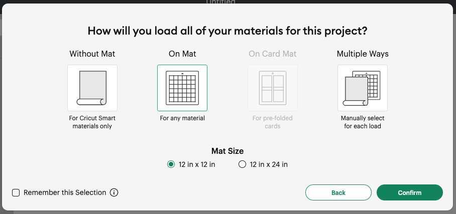 Design Space: Mat load options menu.