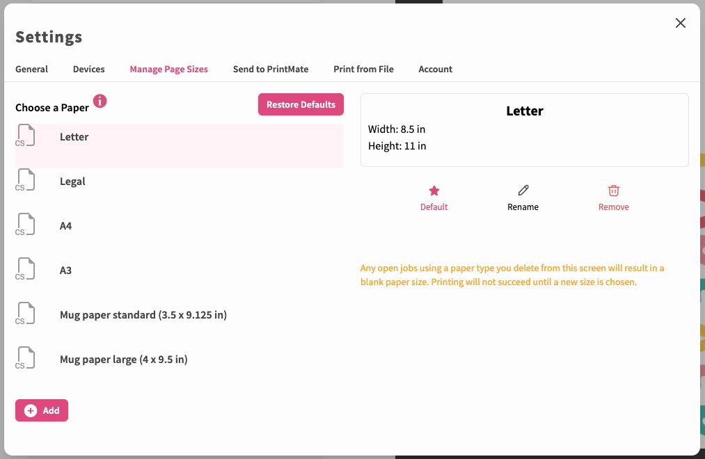 PrintMate Software Settings: Manage Page Sizes